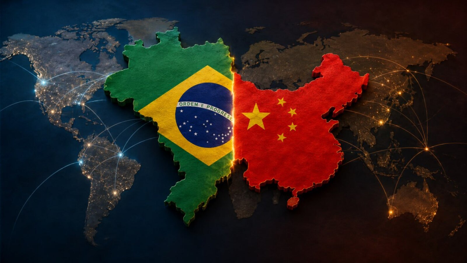 Mapa com Brasil e China conectados por rotas internacionais