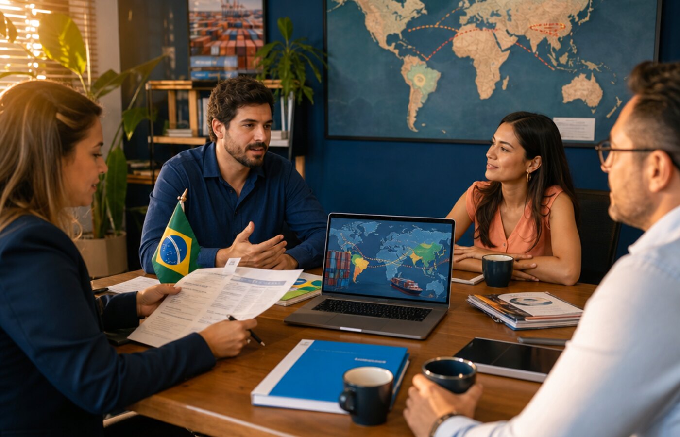 Equipe brasileira em reunião analisando documentos de importação e rota logística Brasil-China